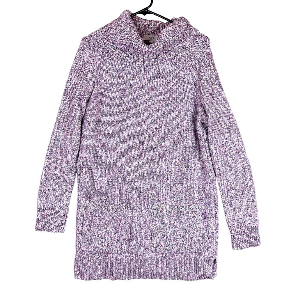Loft Womens Sweater Purple Confetti Cowl Neck Long Sleeve Slit Hem Wool Tunic M